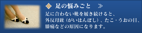 足の悩みごと：足に合わない靴を履き続けると、外反母趾（がいはんぼし）・たこ・うおの目・膝痛などの原因になります。